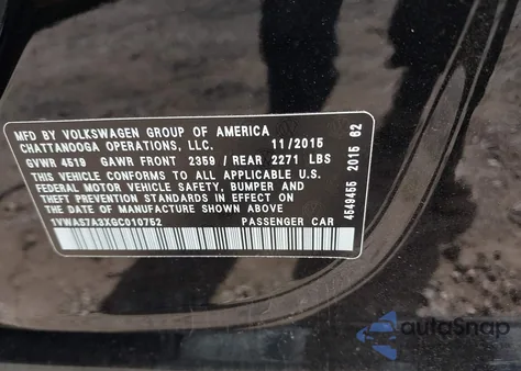 2016 Volkswagen Passat 1.8T S from USA, damaged, VIN 1VWAS7A3XGC010752